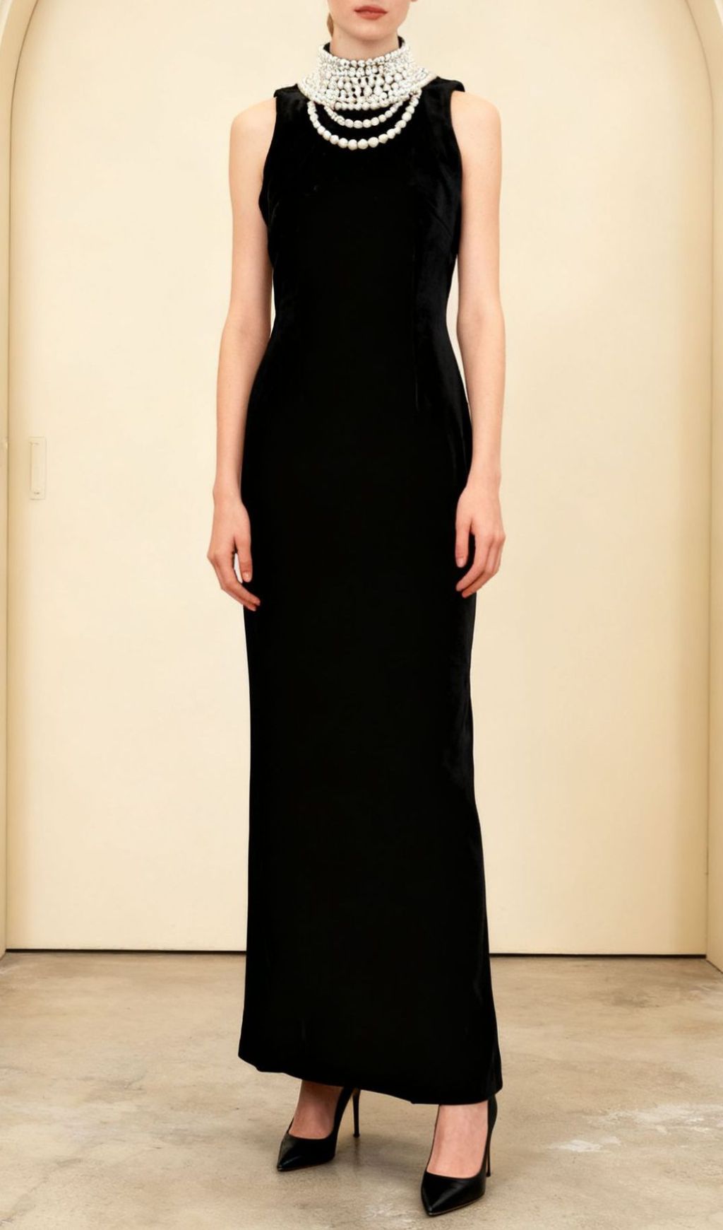 Jovana Black Velvet Pearl Collar Backless Maxi Dress
