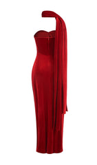 Enye Luxe Red Velvet Strapless Maxi Gown with Statement Rosette & High Slit