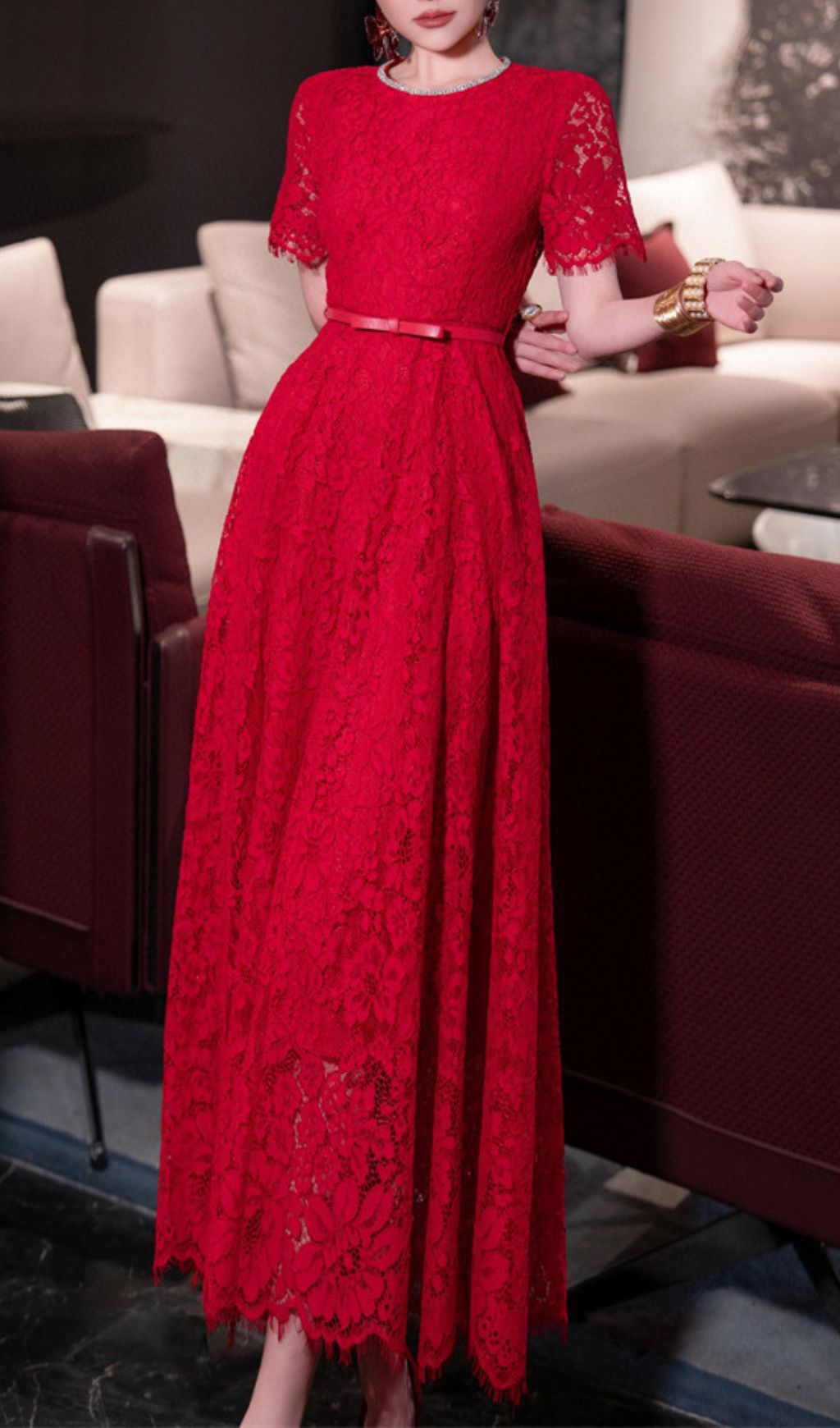 Stunning Hilary Red Lace Midi Dress