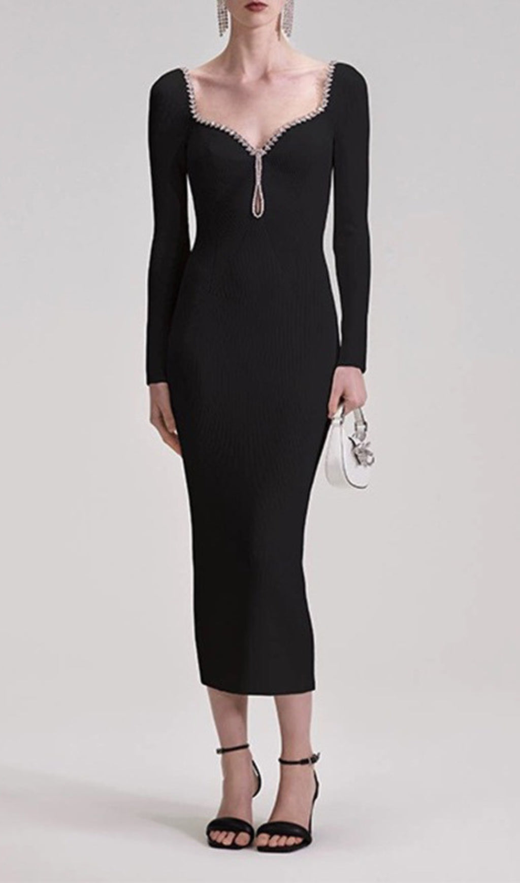 Glamorous Black Knitted Midi Dress with Dazzling Diamond Neckline