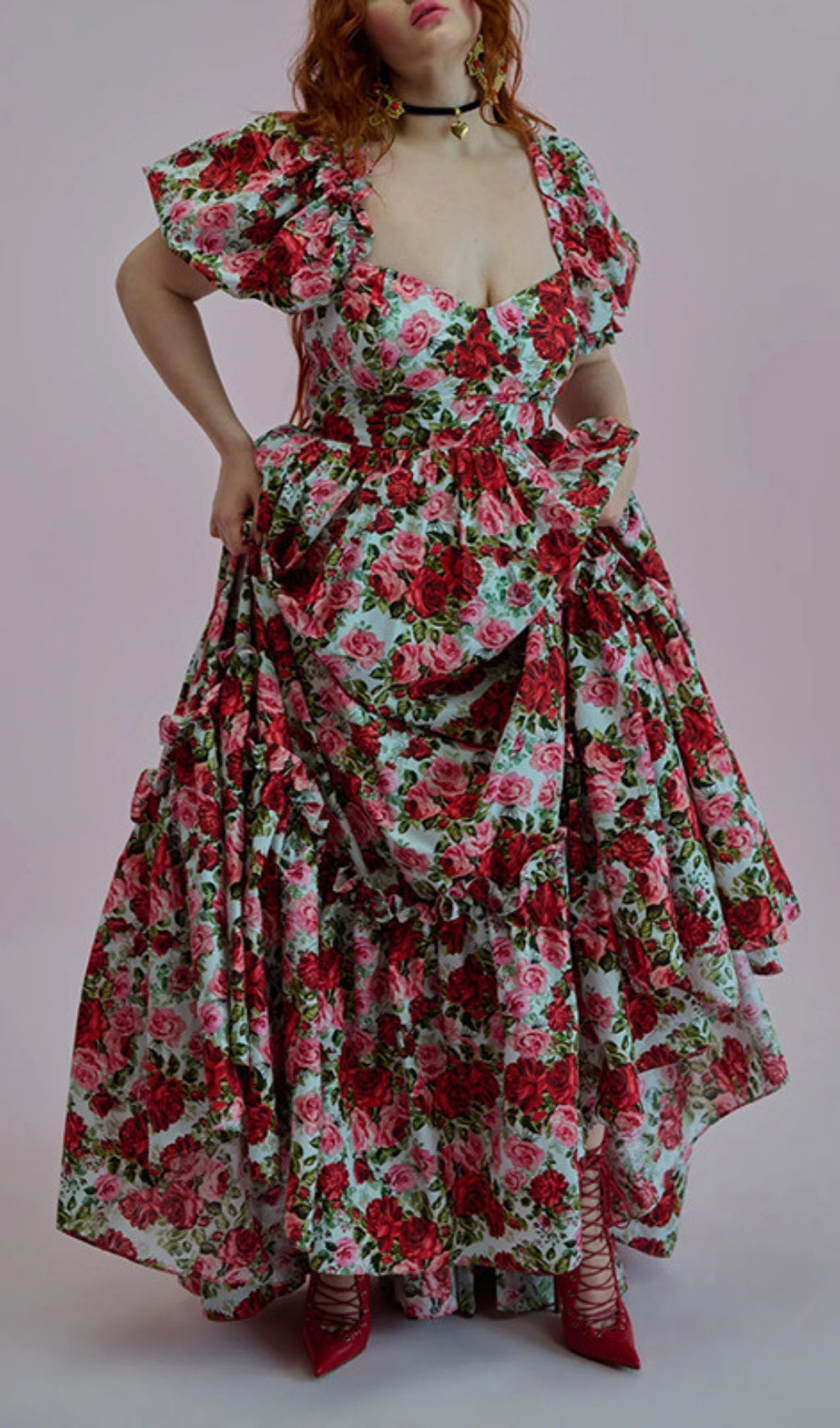 Eilidh Romantic Rose Floral Sweetheart Neck Puff Sleeve Maxi Dress