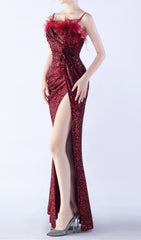 Chroma Wine Red Sequin & Feather High Slit Maxi Dress