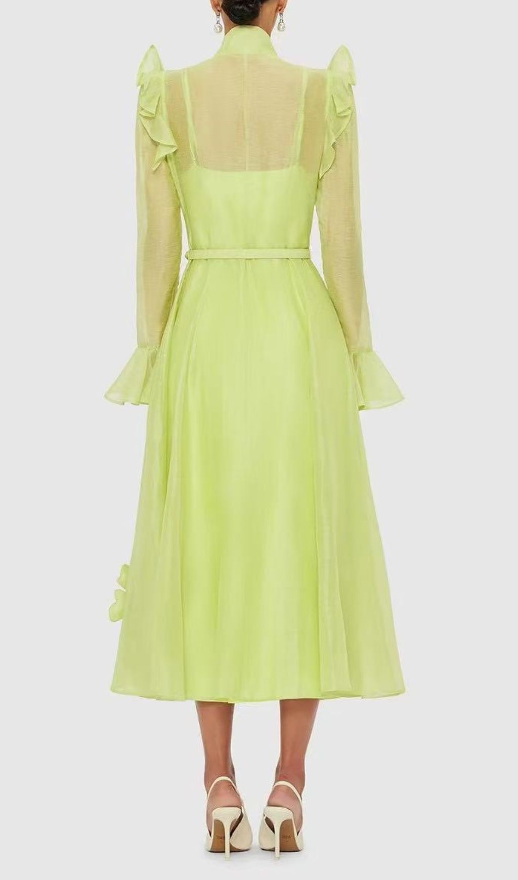 Elula Enchanting Lime Green 3D Floral Ruffled Midi Dress