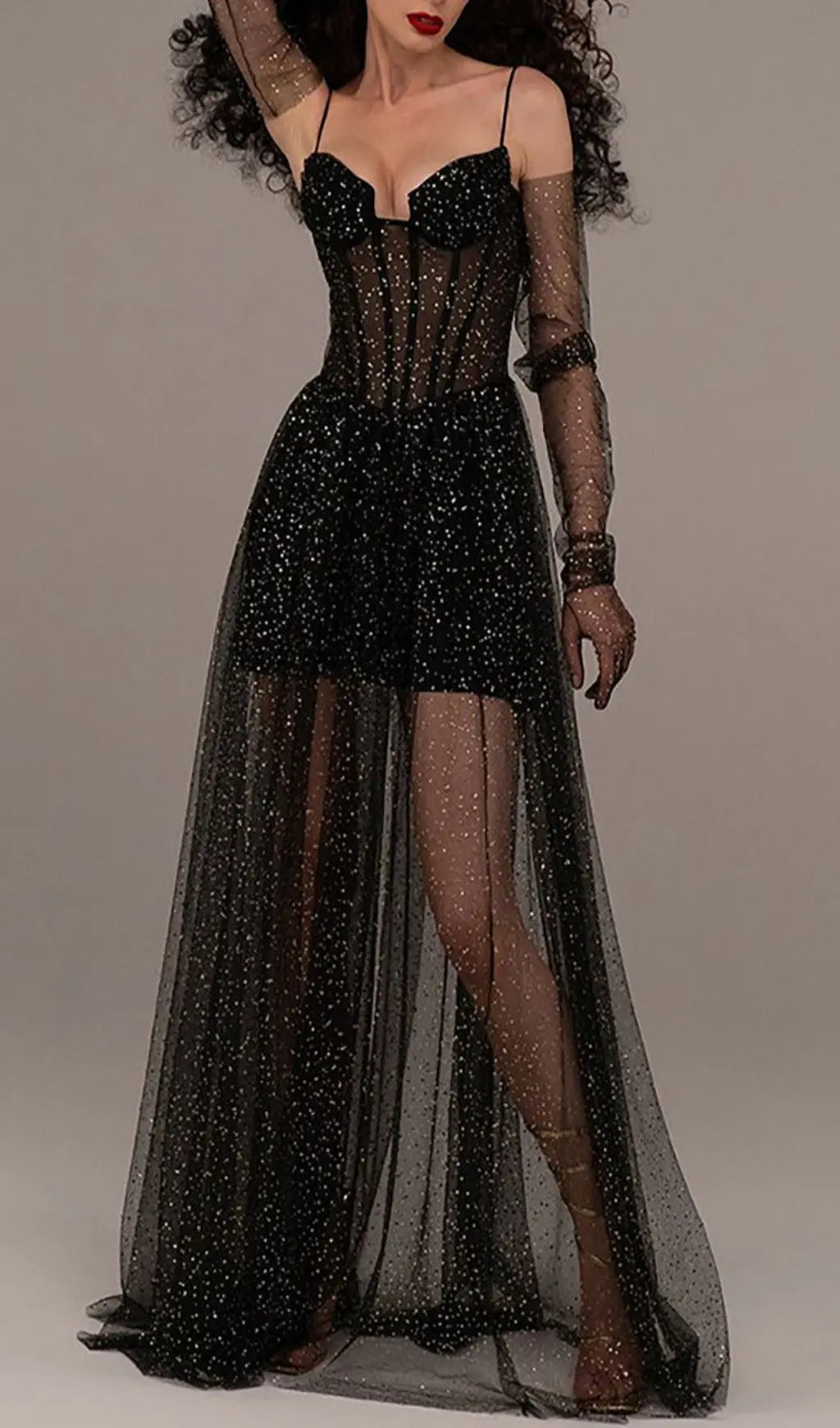 Glamorous Black Sparkle Tulle Corset Maxi Dress
