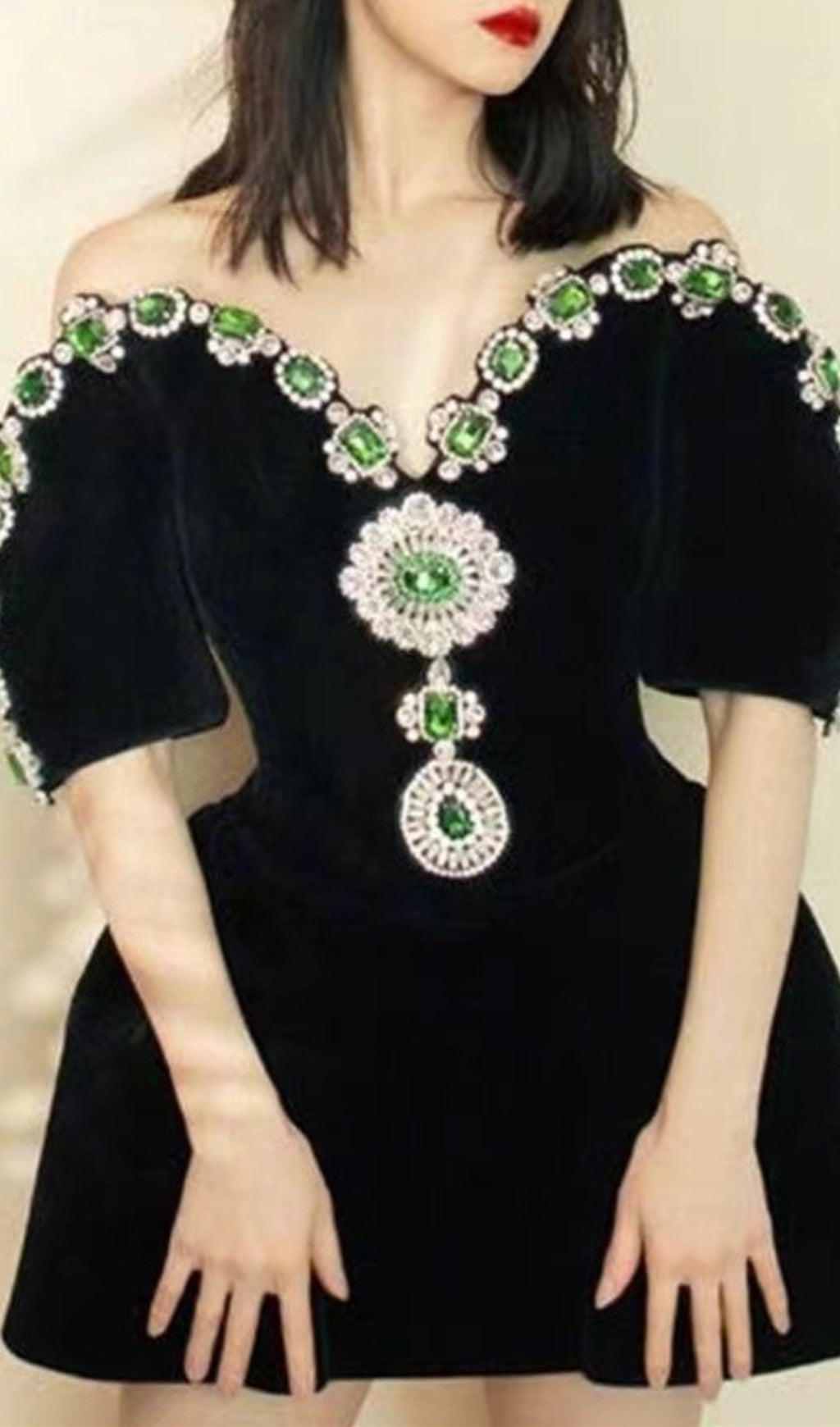 Dottie Luxe Emerald & Rhinestone Black Velvet Off-Shoulder Mini Dress