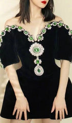 Dottie Luxe Emerald & Rhinestone Black Velvet Off-Shoulder Mini Dress