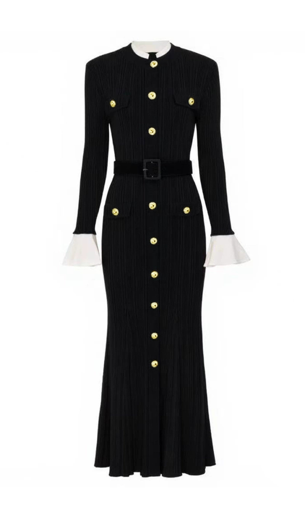 Chic Navy Ribbed Knit Button-Front Midi Dress