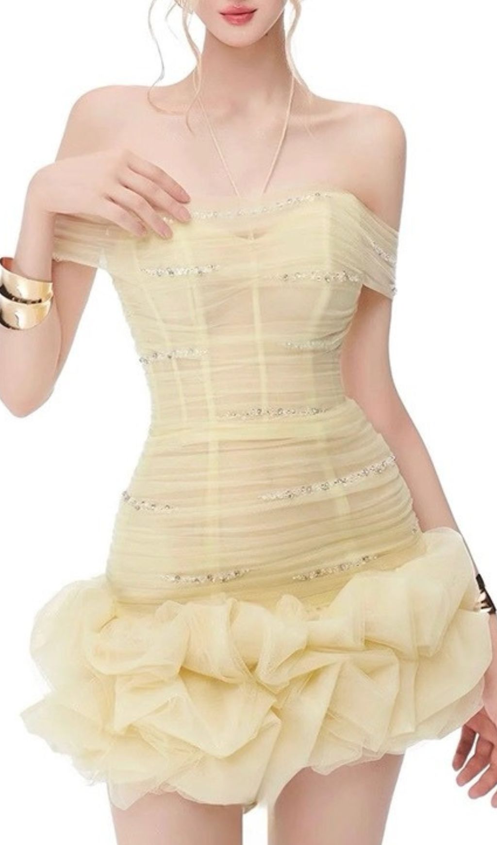 Hania Radiant Yellow Corset Mesh Mini Dress with Ruffles