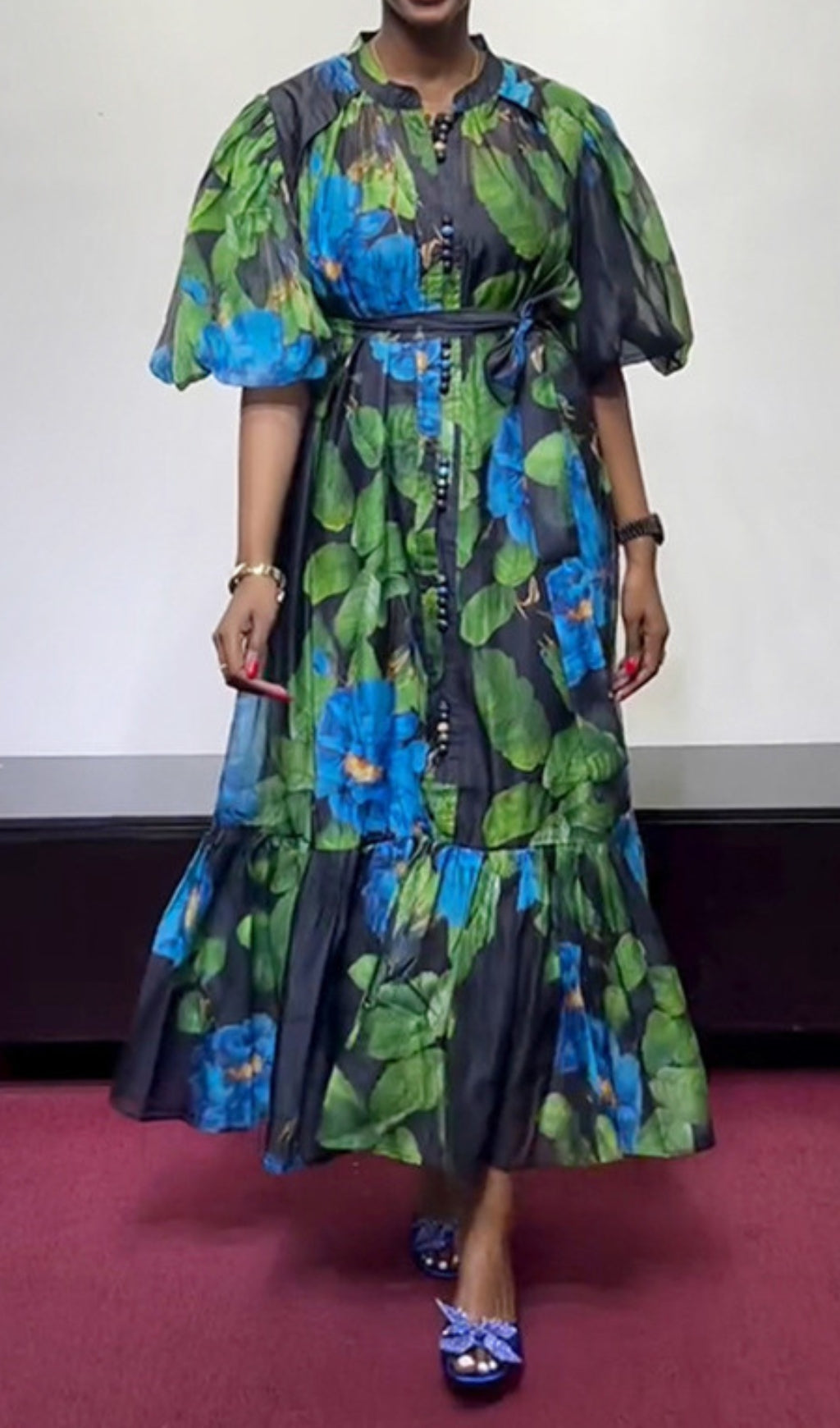 Vibrant Floral Button-Down Puff Sleeve Midi Dress