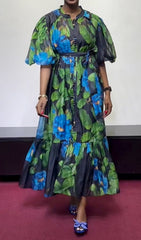 Vibrant Floral Button-Down Puff Sleeve Midi Dress