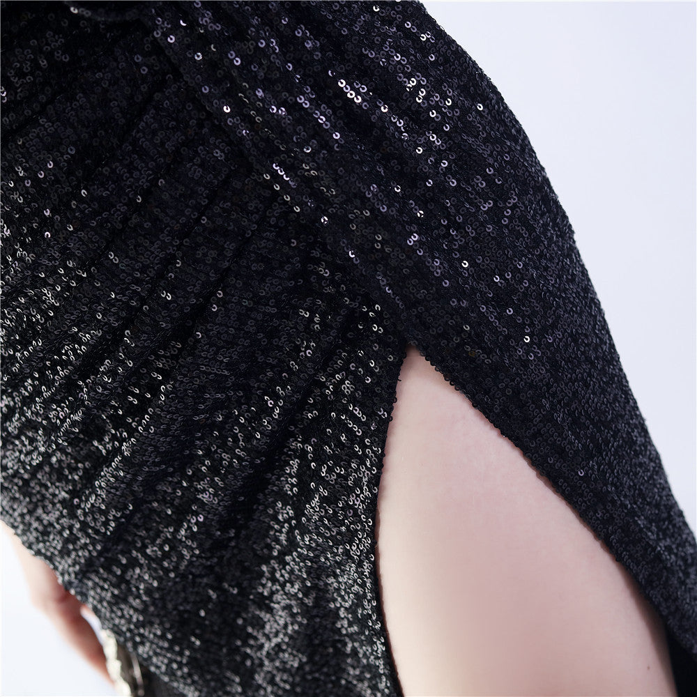 Chroma Black Sequin Feather High-Slit Maxi Dress