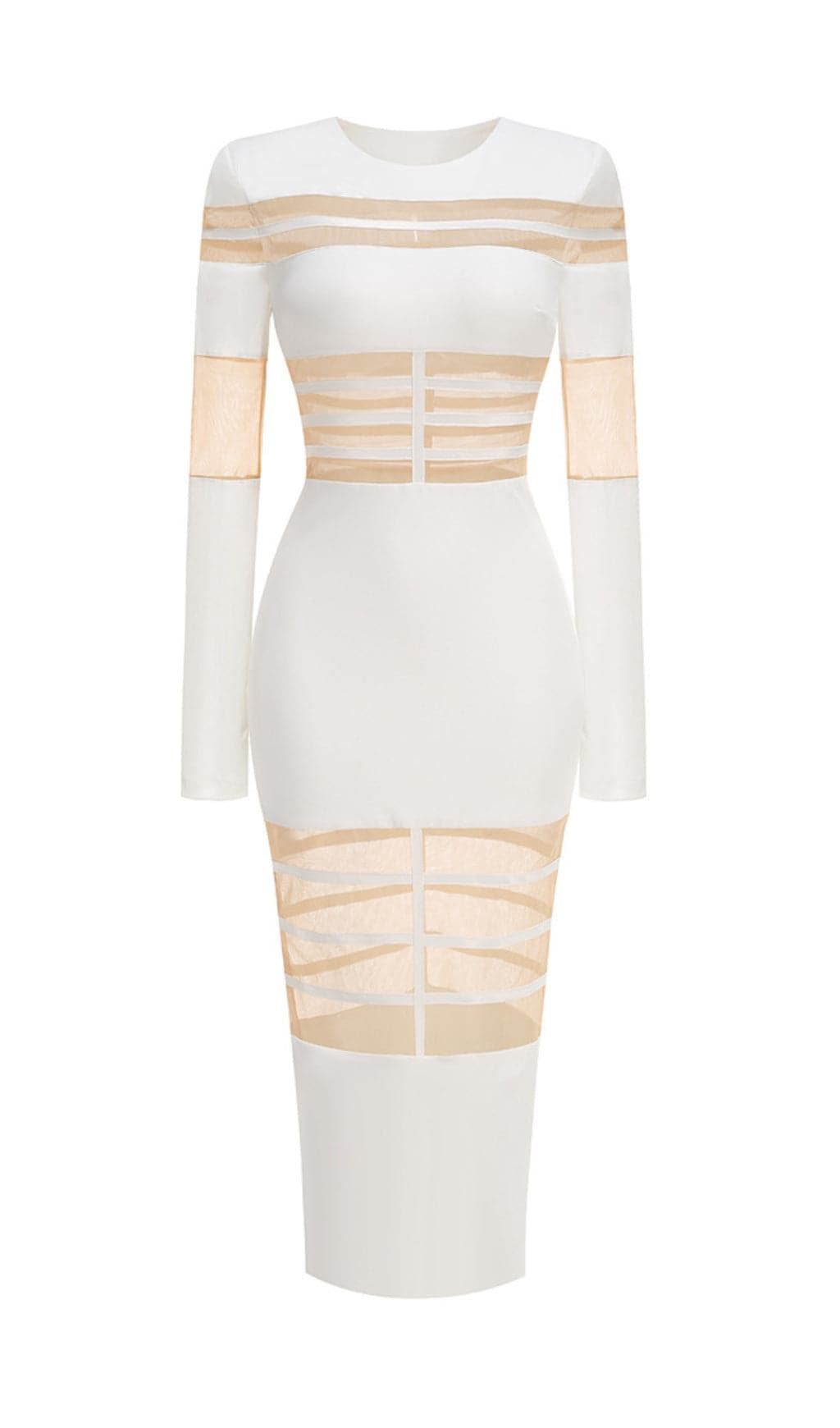 Siren White Mesh Illusion Long Sleeve Bodycon Midi Dress