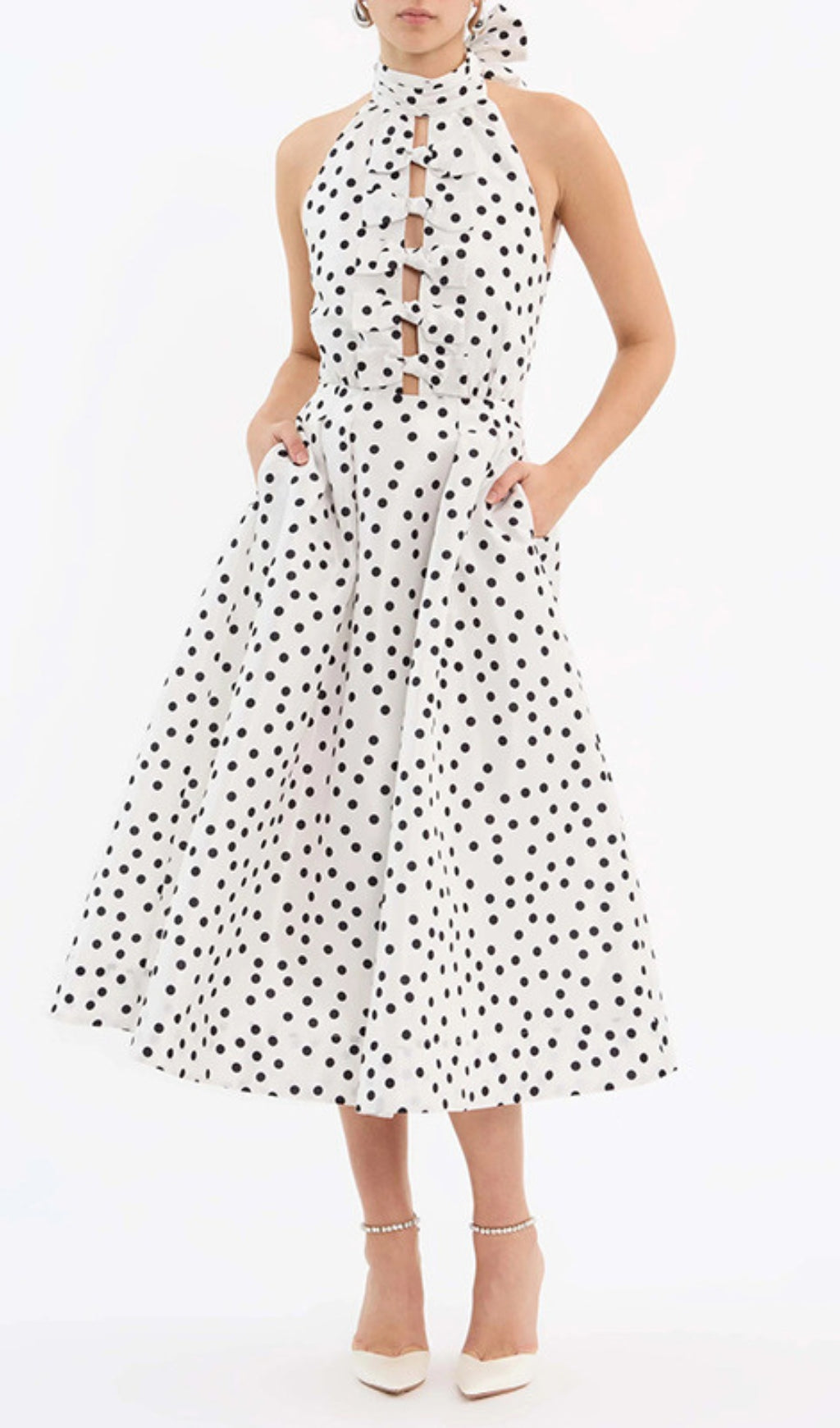 Derora Chic Polka Dot Halter Midi Dress with Bow Cutouts & Pockets