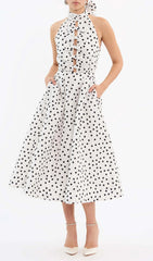 Derora Chic Polka Dot Halter Midi Dress with Bow Cutouts & Pockets