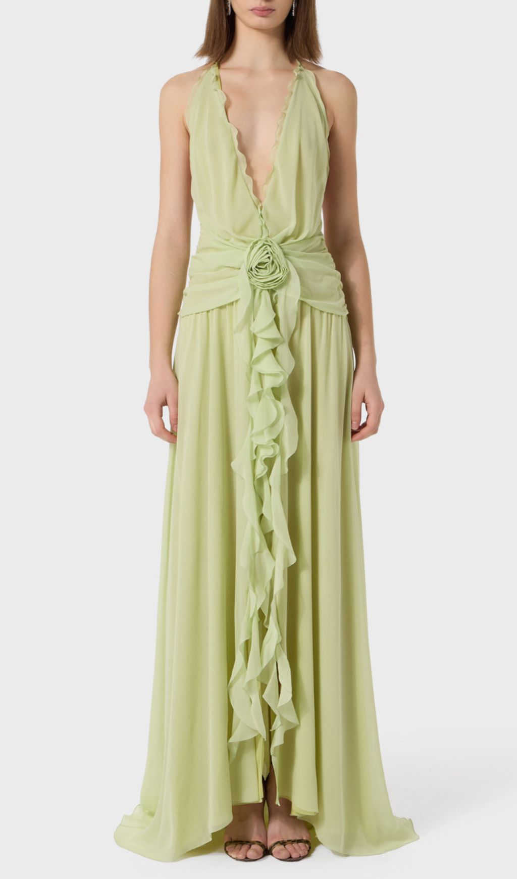 Florine Elegant Sage Green Halter Maxi Dress with Rose & Ruffles