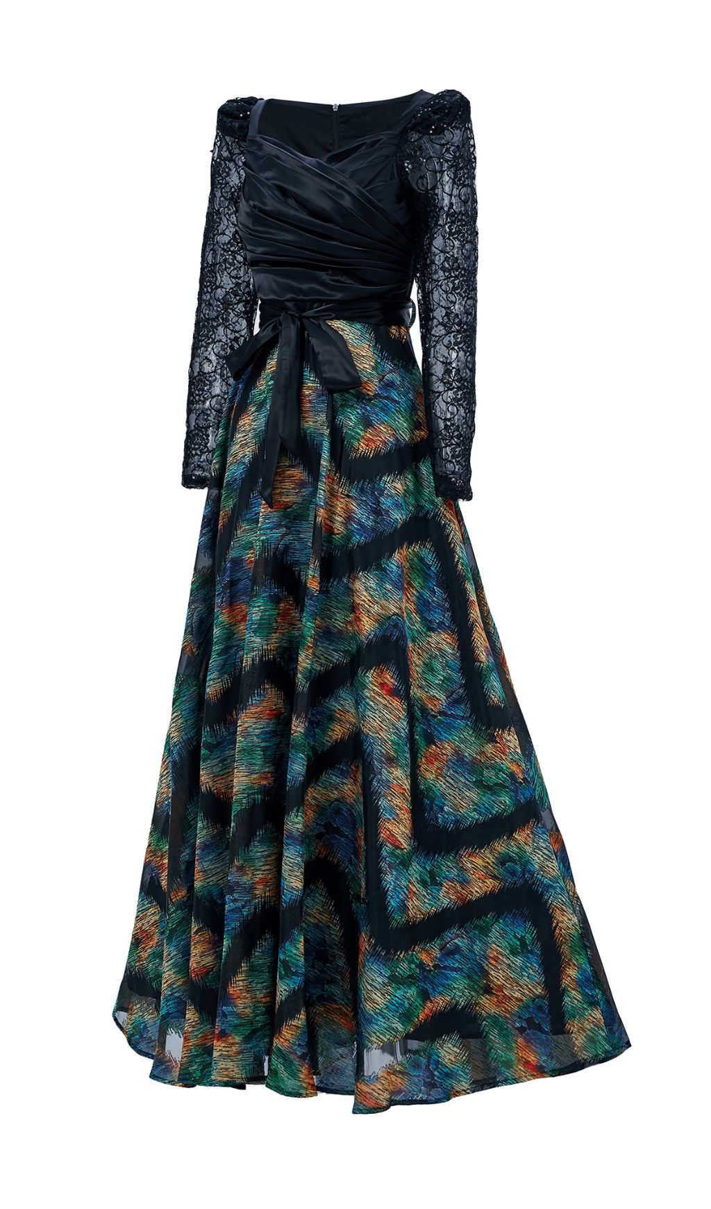 Ffan Elegant Ruched Bodice Lace Sleeve Vibrant Maxi Dress