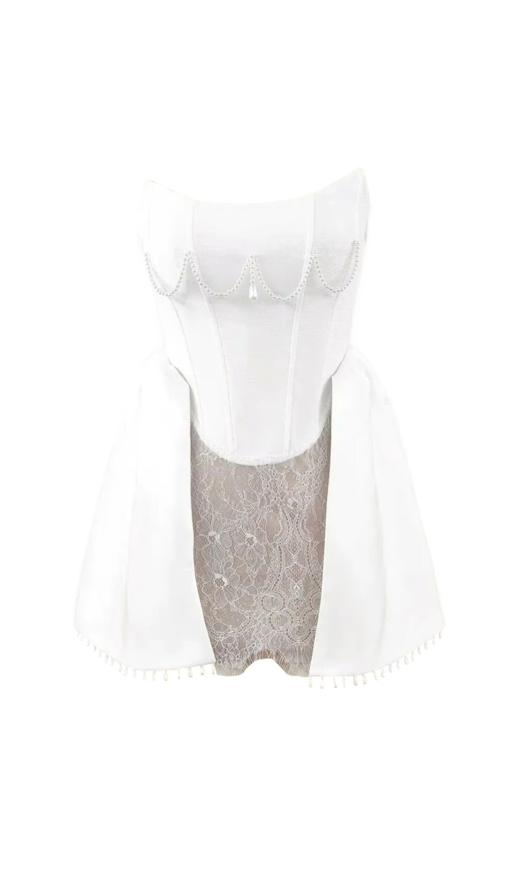 Glamorous Pearl & Lace Strapless Mini Dress with Corset Bodice