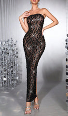 Halleli Dazzling Black Strapless Diamante Maxi Gown