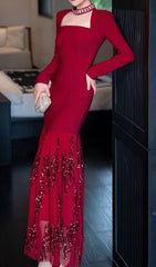 Ioana Glamorous Red Sequin Long Sleeve Maxi Dress