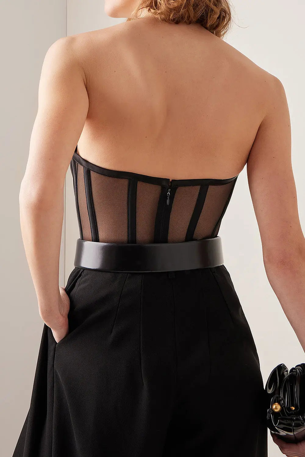 Chic Black Strapless Mesh Corset Bodysuit