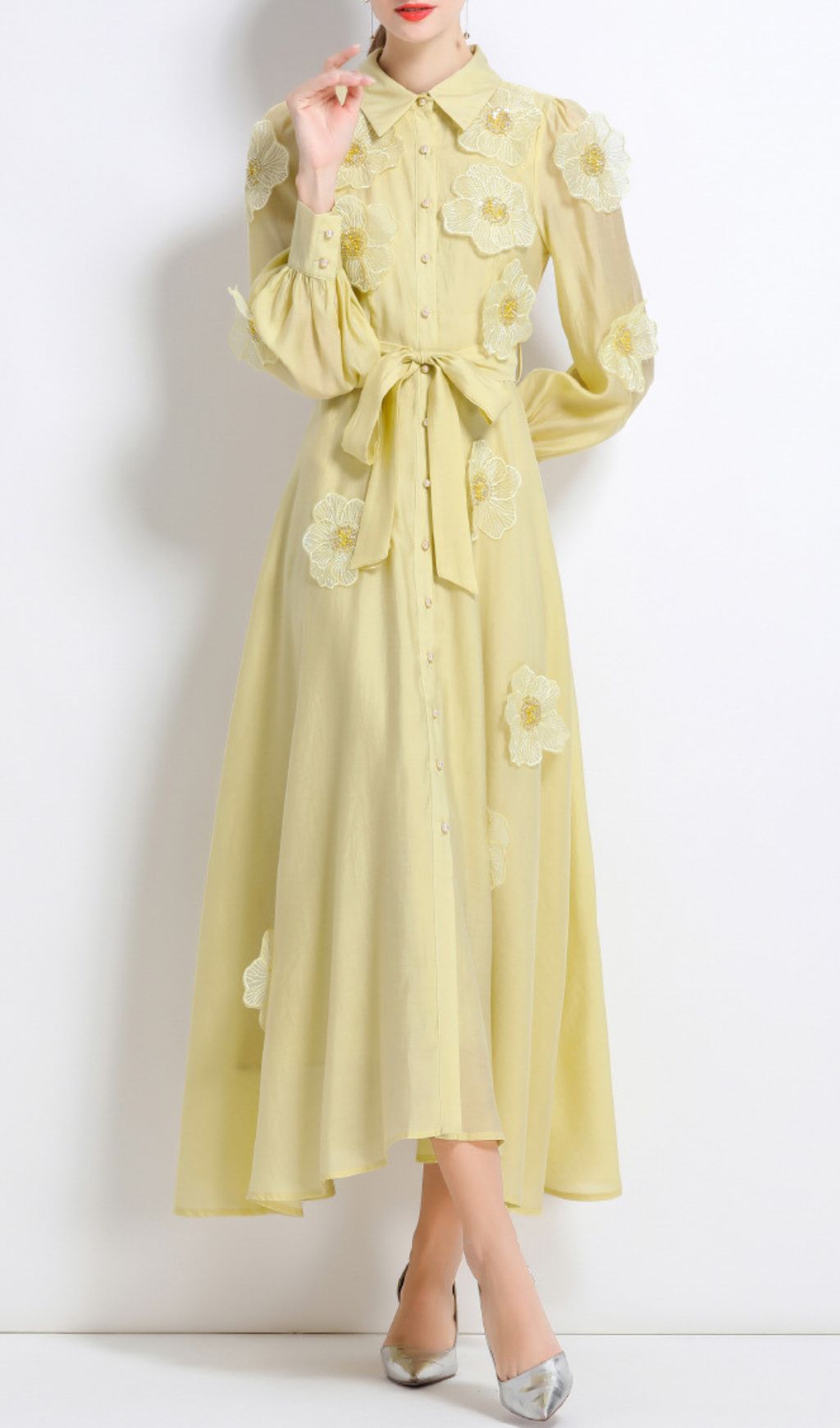 Holly Yellow Floral Appliqu Long Sleeve Midi Dress