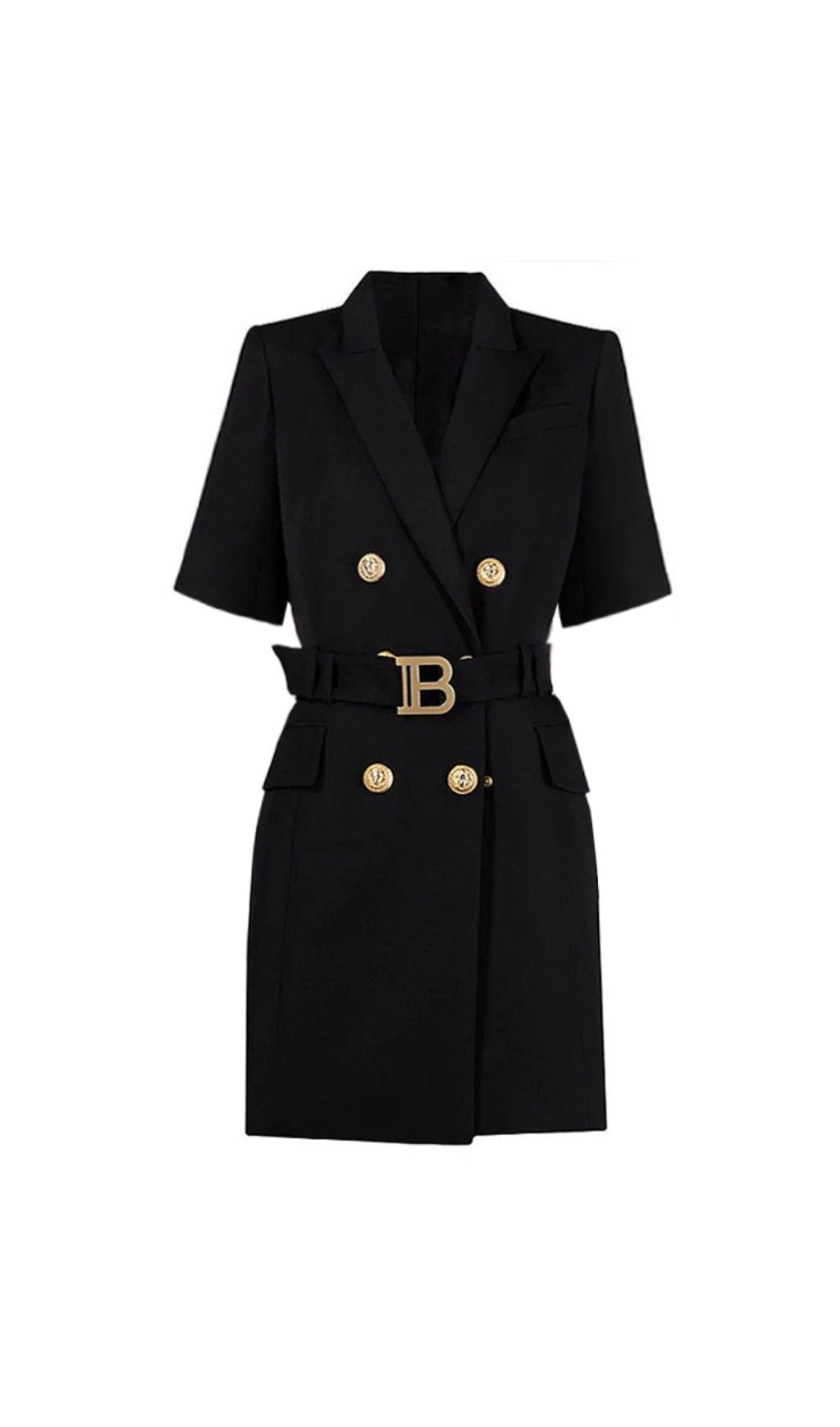 Elske Chic Black Short Sleeve Blazer Dress with Gold Buckle Belt