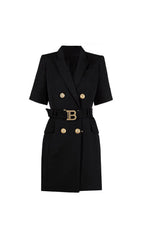 Elske Chic Black Short Sleeve Blazer Dress with Gold Buckle Belt