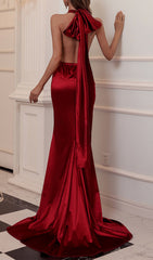 Celeste Halter Plunge Backless Satin Maxi Dress