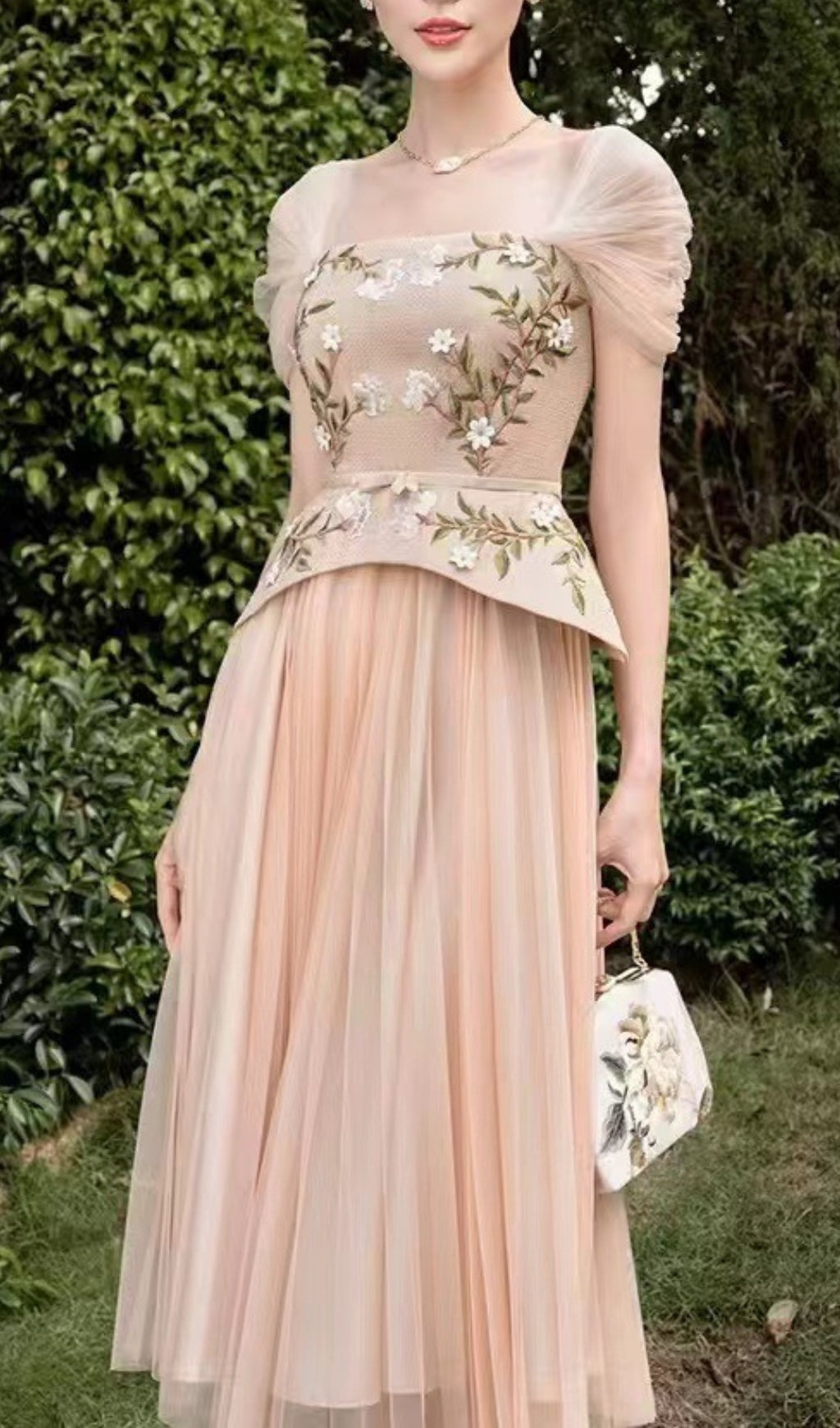 Brice Elegant Floral Embroidered Peplum Midi Dress