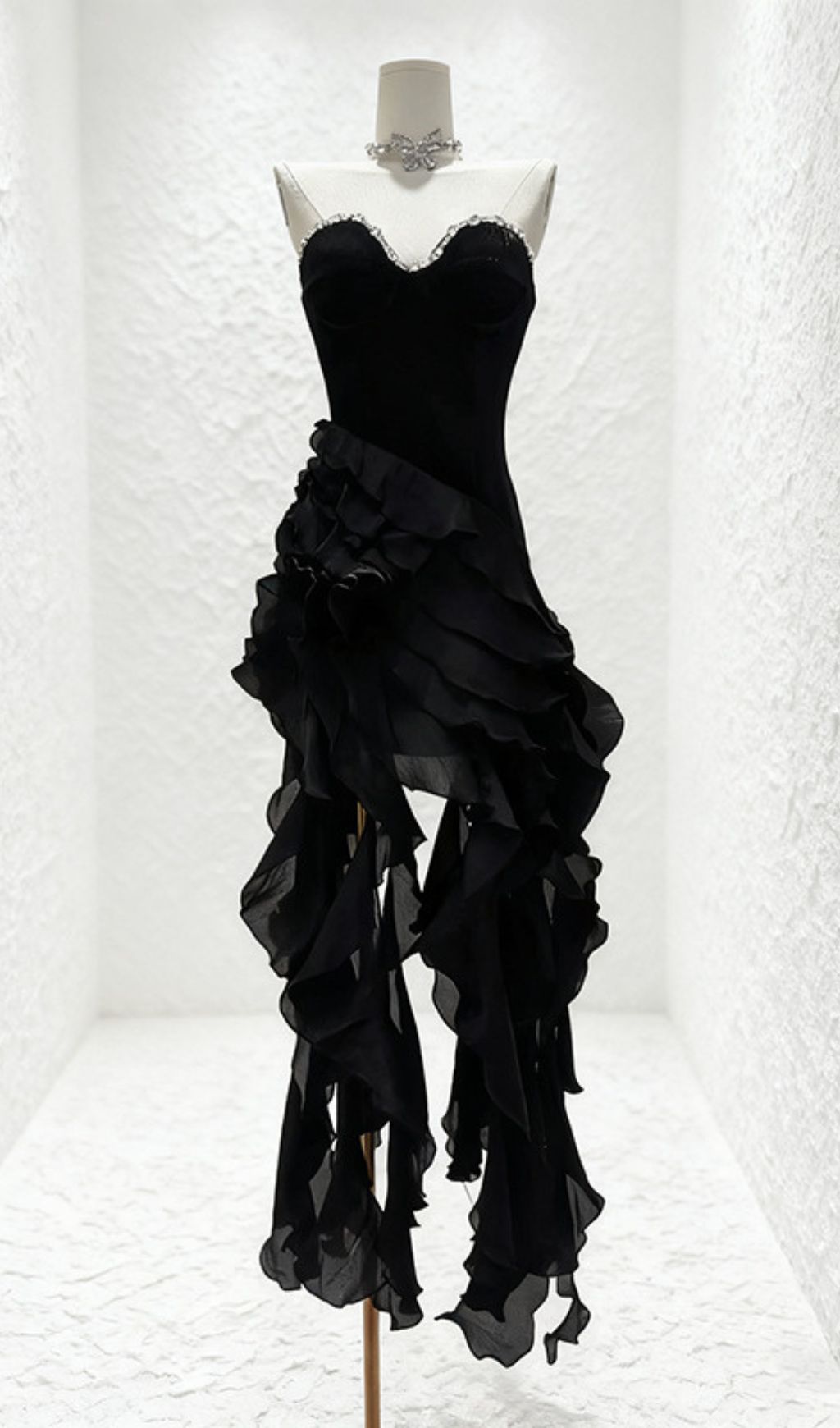 Hova Ruby Red Strapless Ruffle Maxi Gown