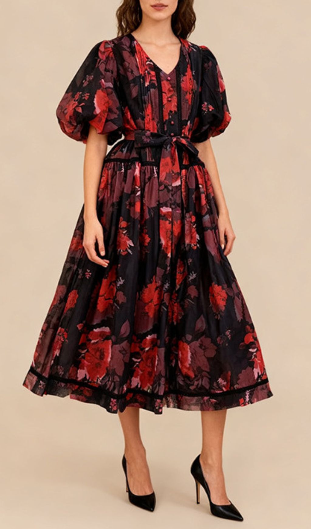 Indah Vibrant Floral Puff-Sleeve Midi Dress