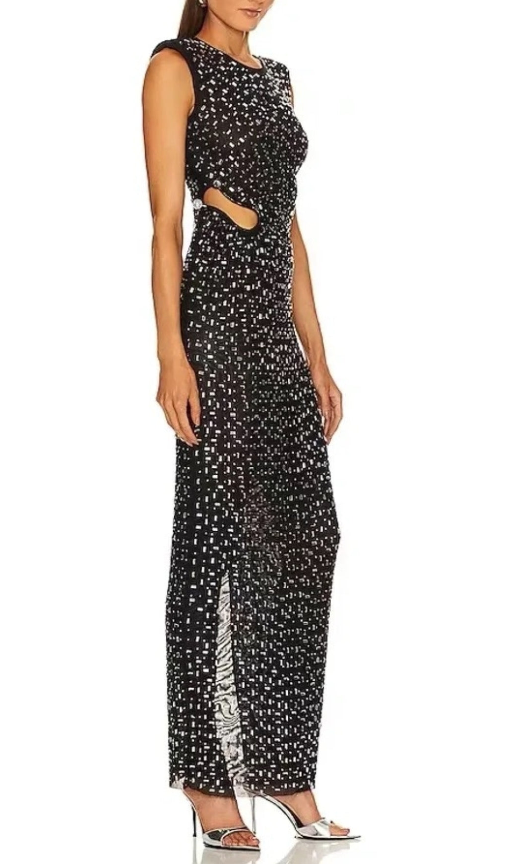 Dafina Glamorous Black Crystal Sequin Maxi Dress with Side Cut-Out & Slit