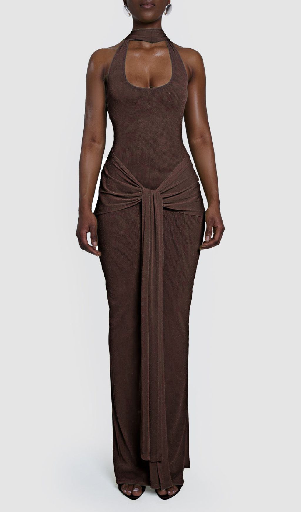 Guoda Luxe Coffee Brown Halter Maxi Dress with Chic Knot Detail