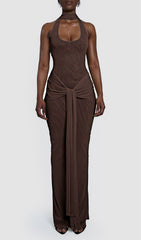Guoda Luxe Coffee Brown Halter Maxi Dress with Chic Knot Detail