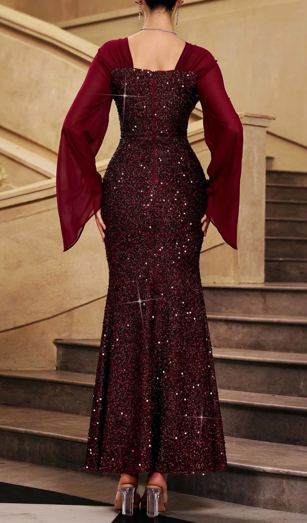 Honovi Dazzling Wine Sequin Long Sleeve Maxi Dress