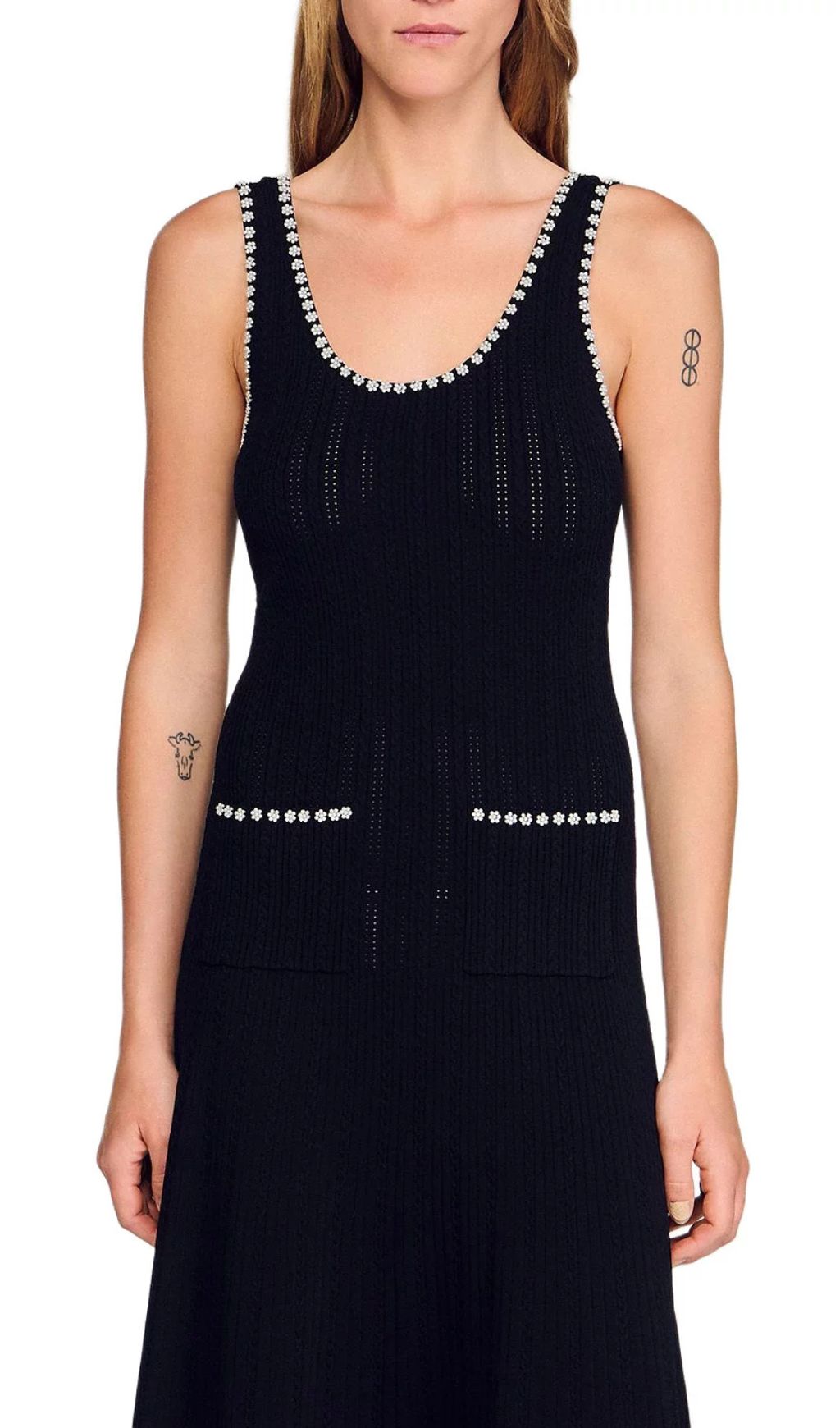 Chic Beaded Rib Knit Sleeveless Midi Dress with Pockets