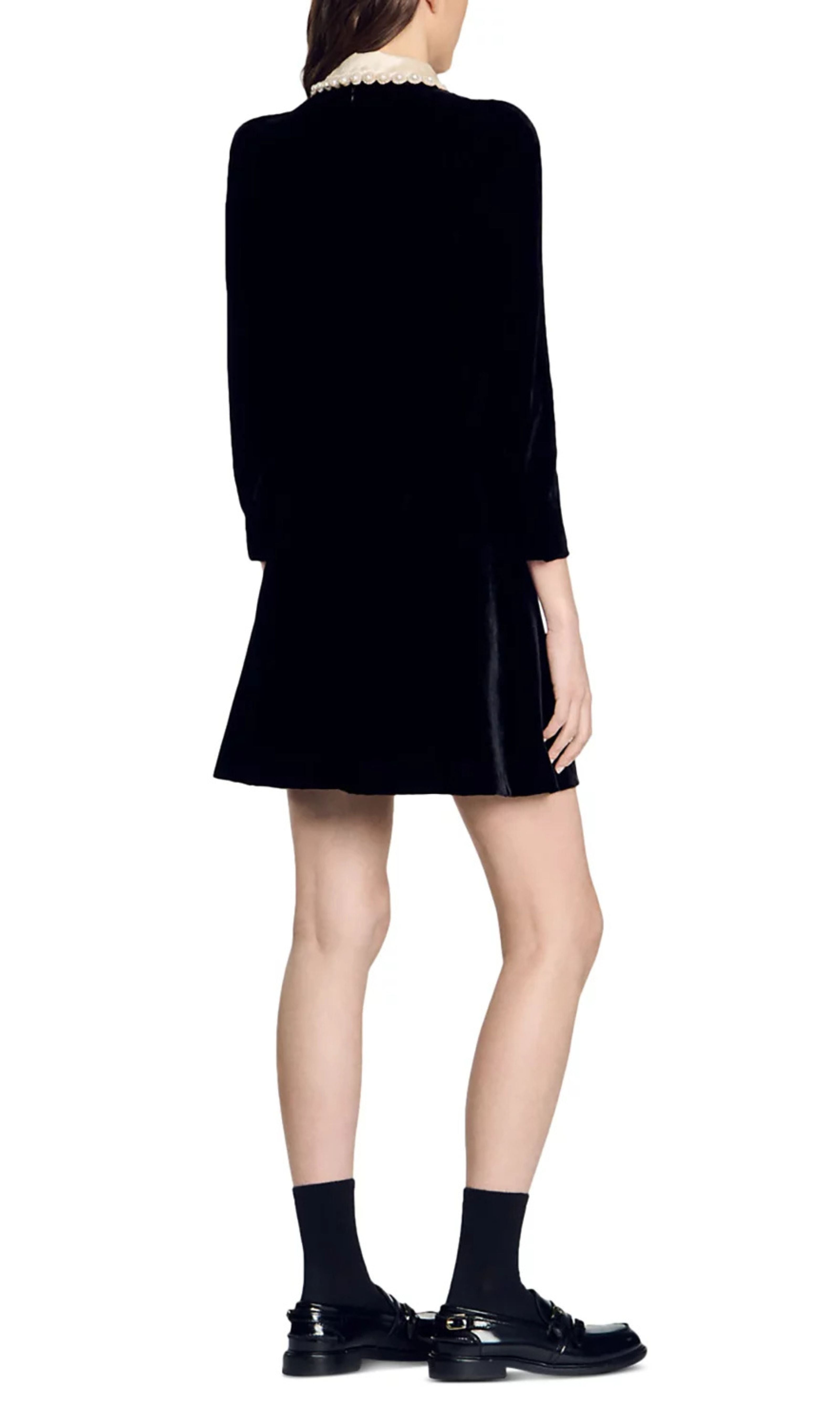 Paola Elegant Black Velvet Mini Dress with Detachable Pearl Collar