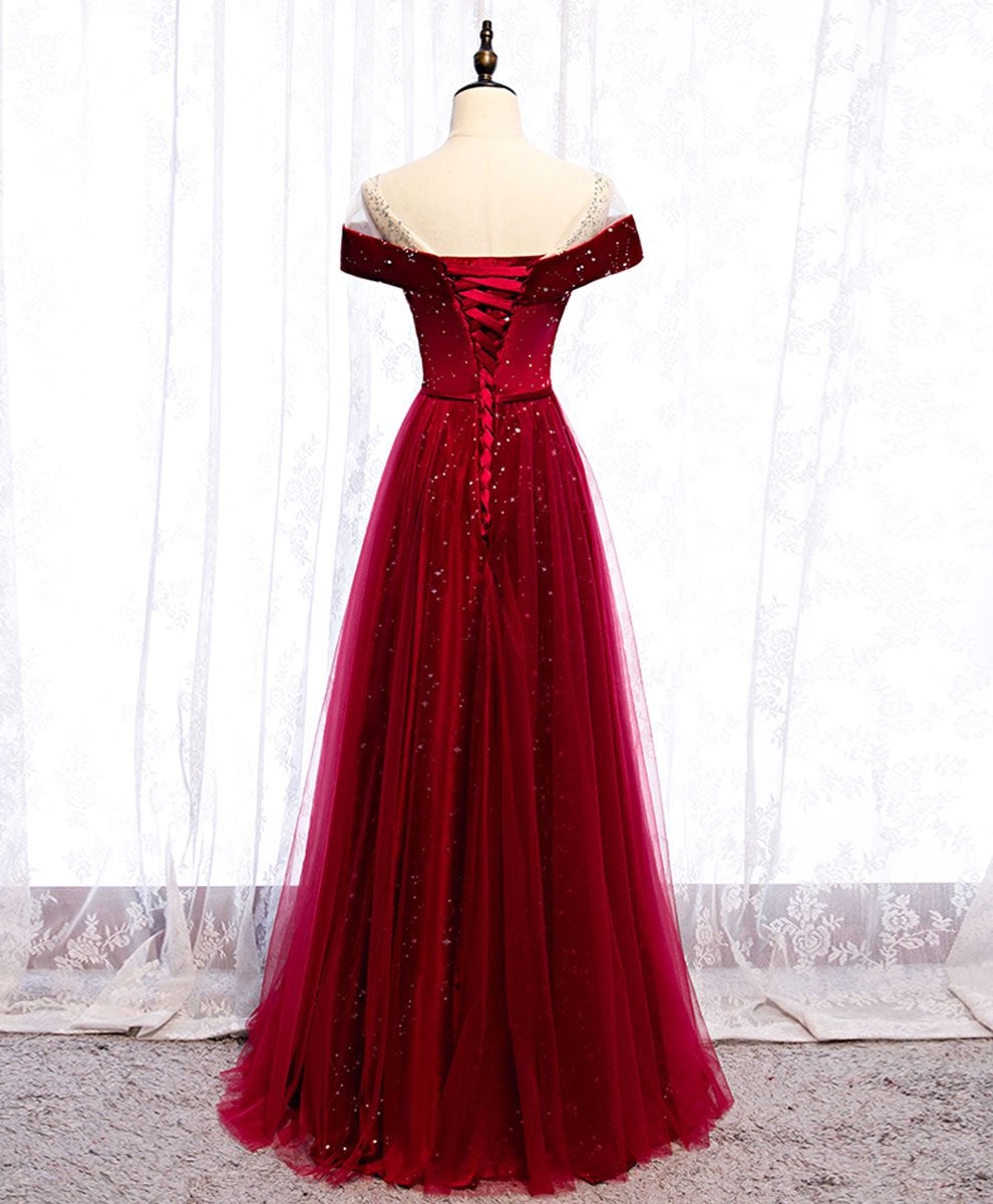 Vestido de fiesta largo de tul rojo vino con terciopelo 