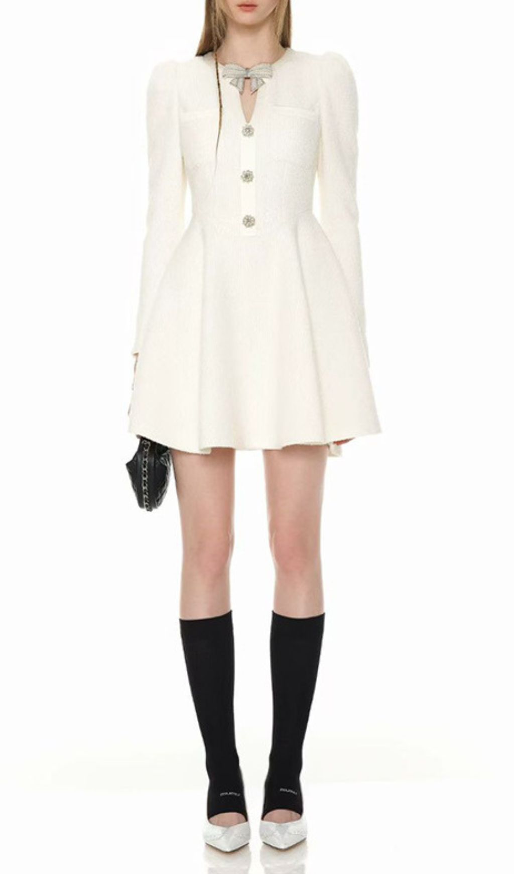 Elegant White Tweed Bow Mini Dress