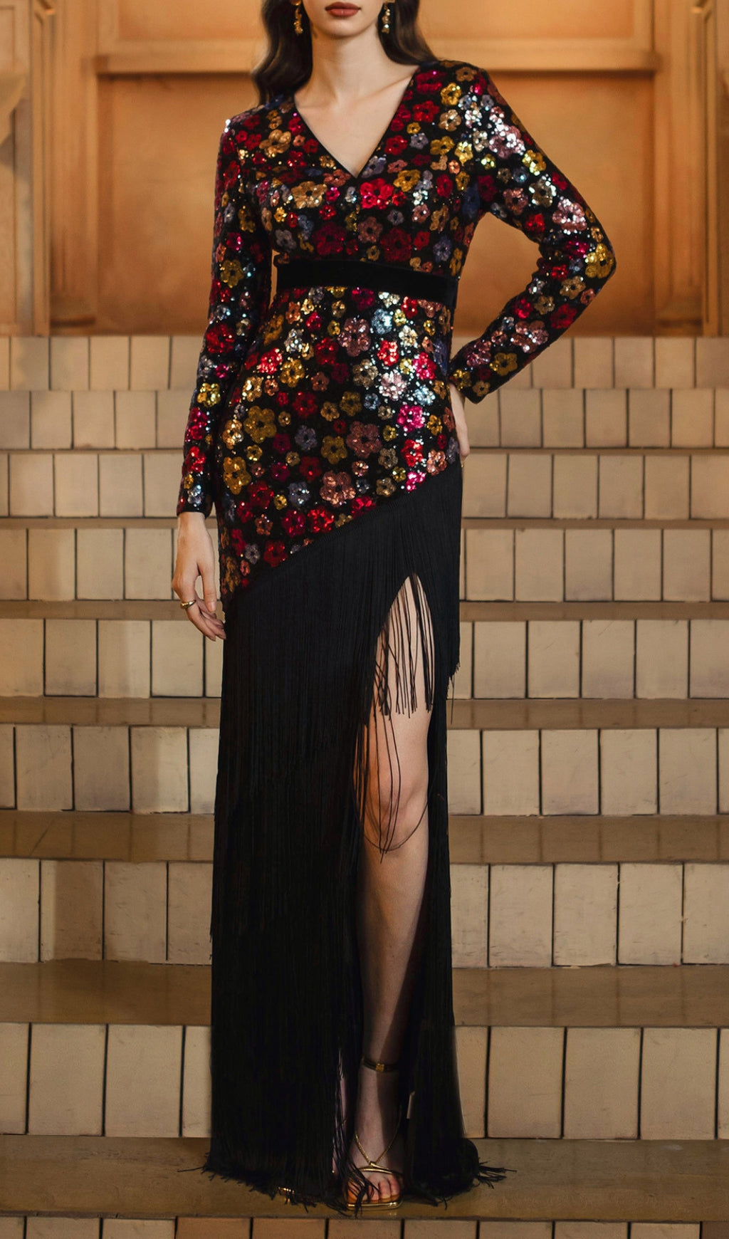 Dimaia Dazzling Floral Sequin & Tassel Maxi Dress