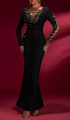 Gwyneth Black Beaded Long Sleeve Maxi Gown