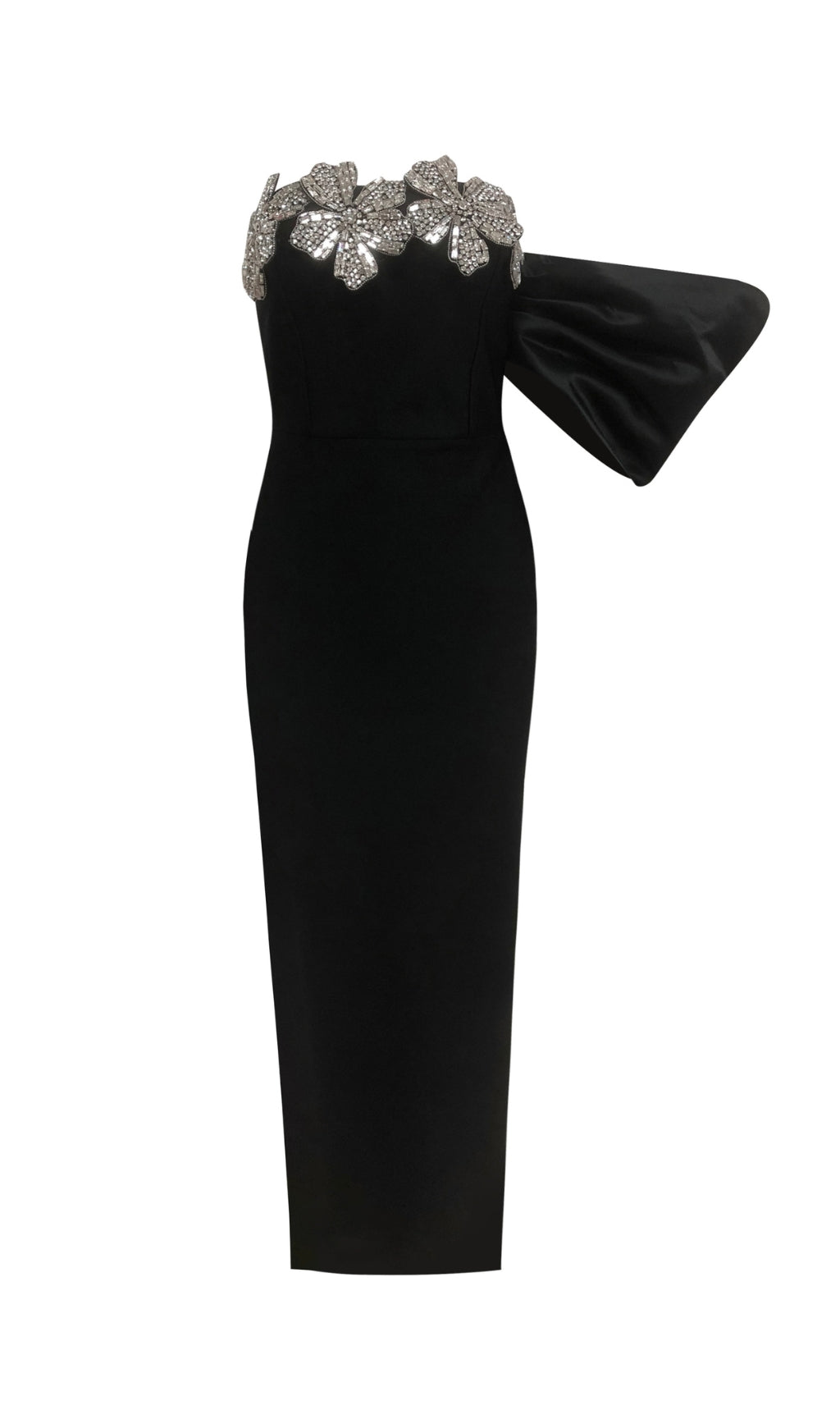Delyth Black Crystal Flower Embellished Maxi Gown with Dramatic Sleeve