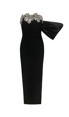Delyth Black Crystal Flower Embellished Maxi Gown with Dramatic Sleeve