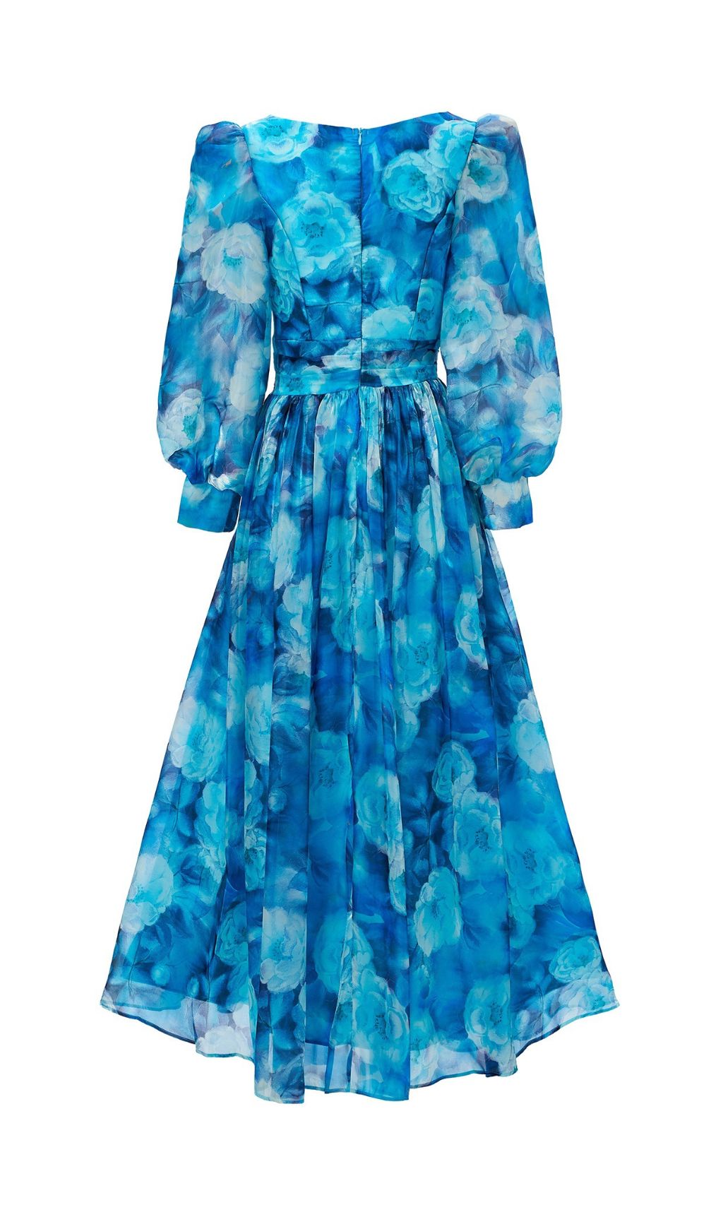 Feray Blue Watercolor Floral Maxi Dress with 3D Rose Belt