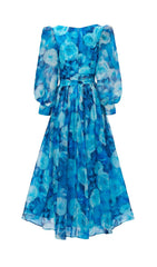 Feray Blue Watercolor Floral Maxi Dress with 3D Rose Belt