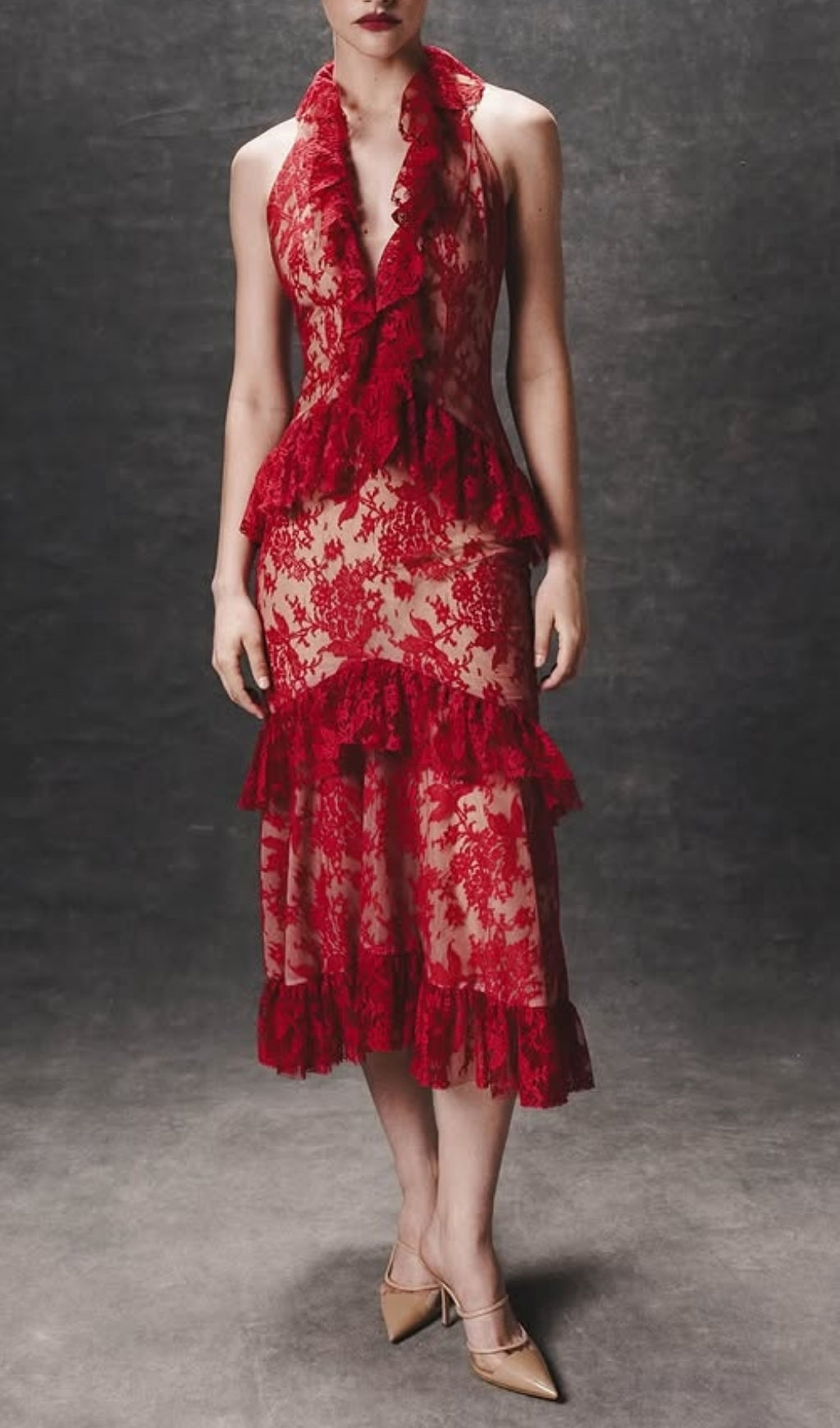 Eavan Elegant Red Lace Halter Peplum Midi Dress