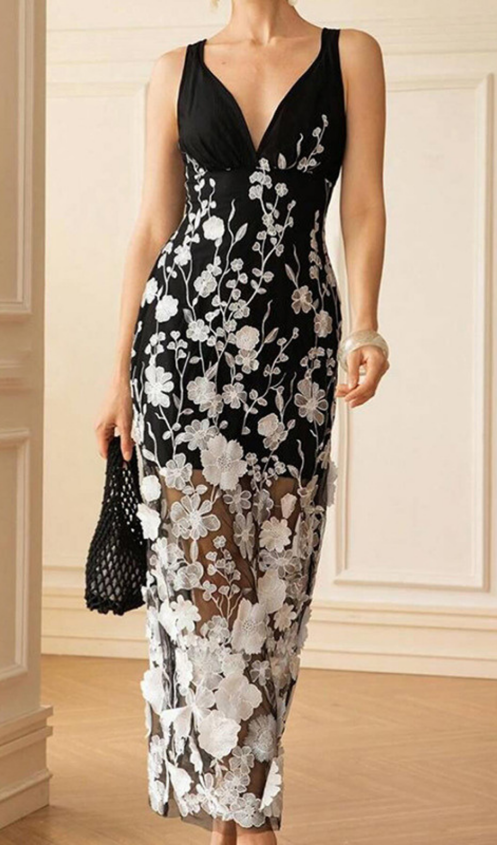 Eolande Black 3D Floral Applique V-Neck Maxi Dress