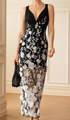 Eolande Black 3D Floral Applique V-Neck Maxi Dress