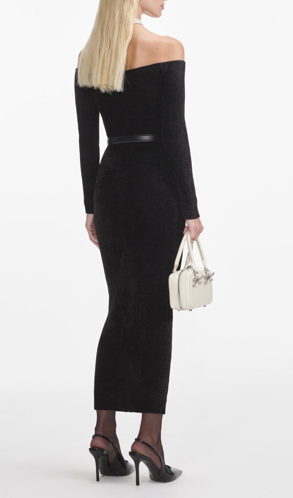 Elegant Off-Shoulder Black Chenille Knit Midi Dress with Gold Buttons