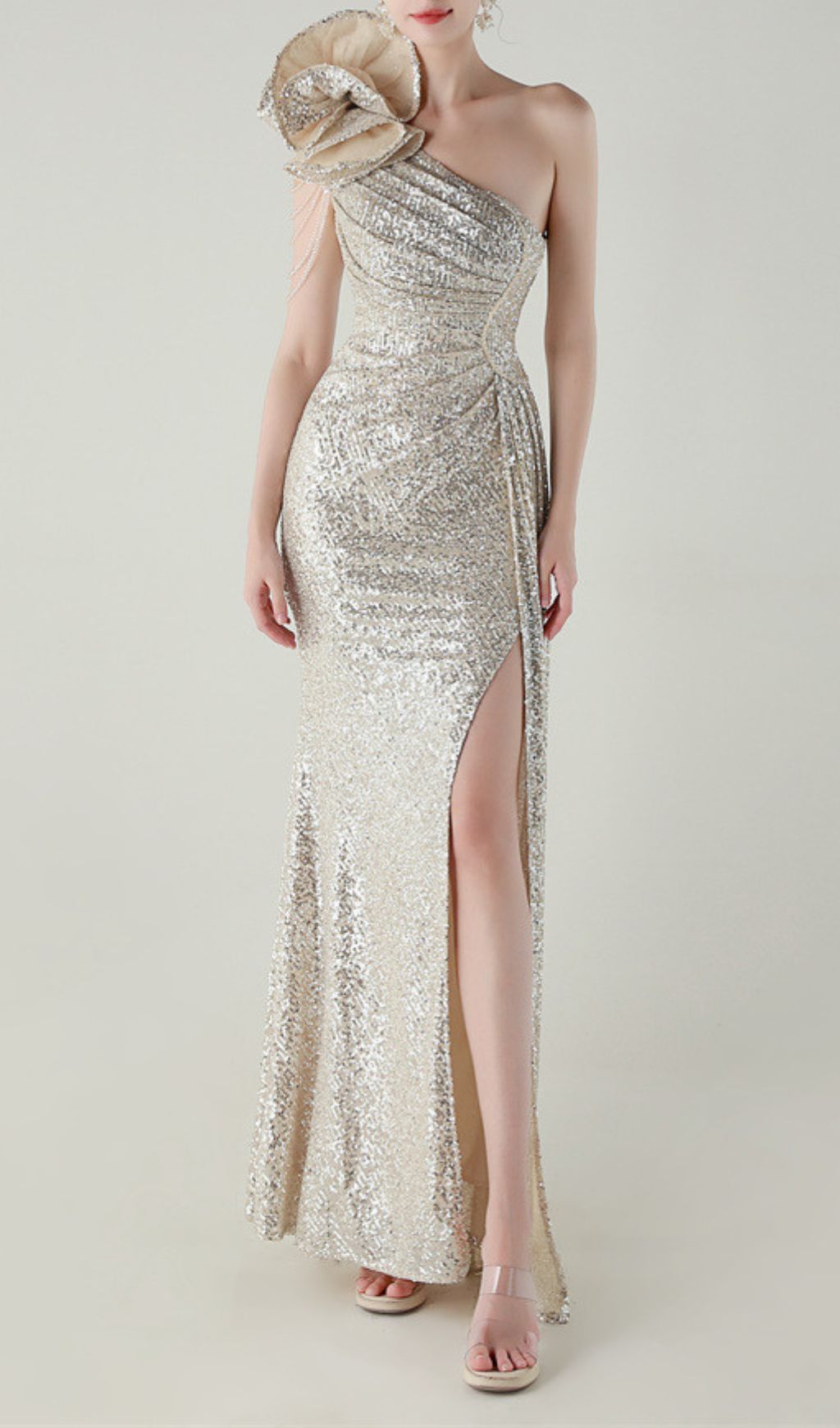 Ikia Silver Sequin One-Shoulder Maxi Dress